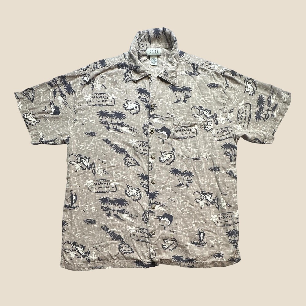 Vintage Hunt Club Shirt Men L Hawaiian Short Sleeve Tan Rayon Tropical Marlin